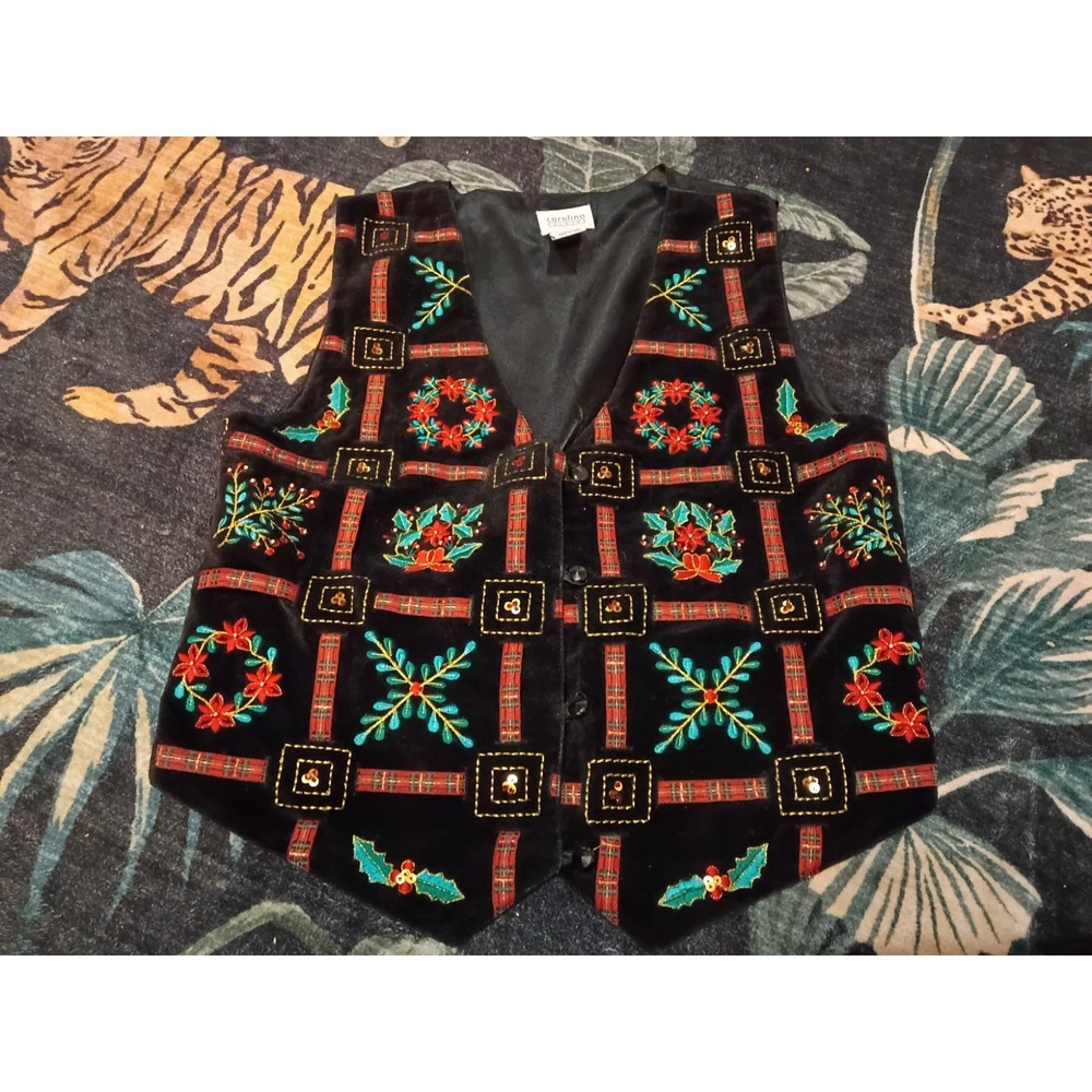 Vintage Carolina Colours Christmas Vest Women's S Small Poinsettia, Holly,...